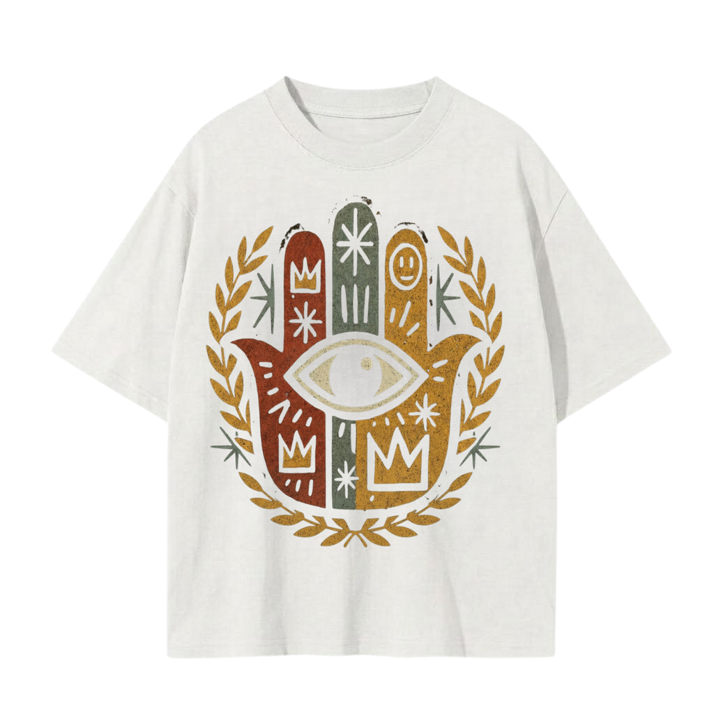 Hamsa Hand T-Shirt | Spiritual Streetwear Oversized White Tee | Soul Fitted